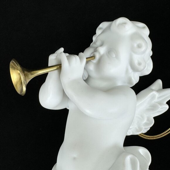 Vintage Porcelain Cherub Angel Hanging Figurine Gold Cord Brass Trumpet Ornament - Picture 2 of 16